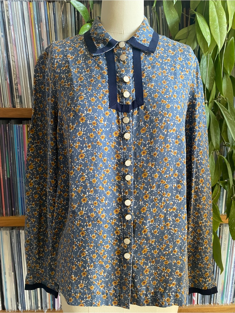 EUC ORLA KIELY - Floral Button-Front Blouse with Navy Trim - Size 10UK / 6US